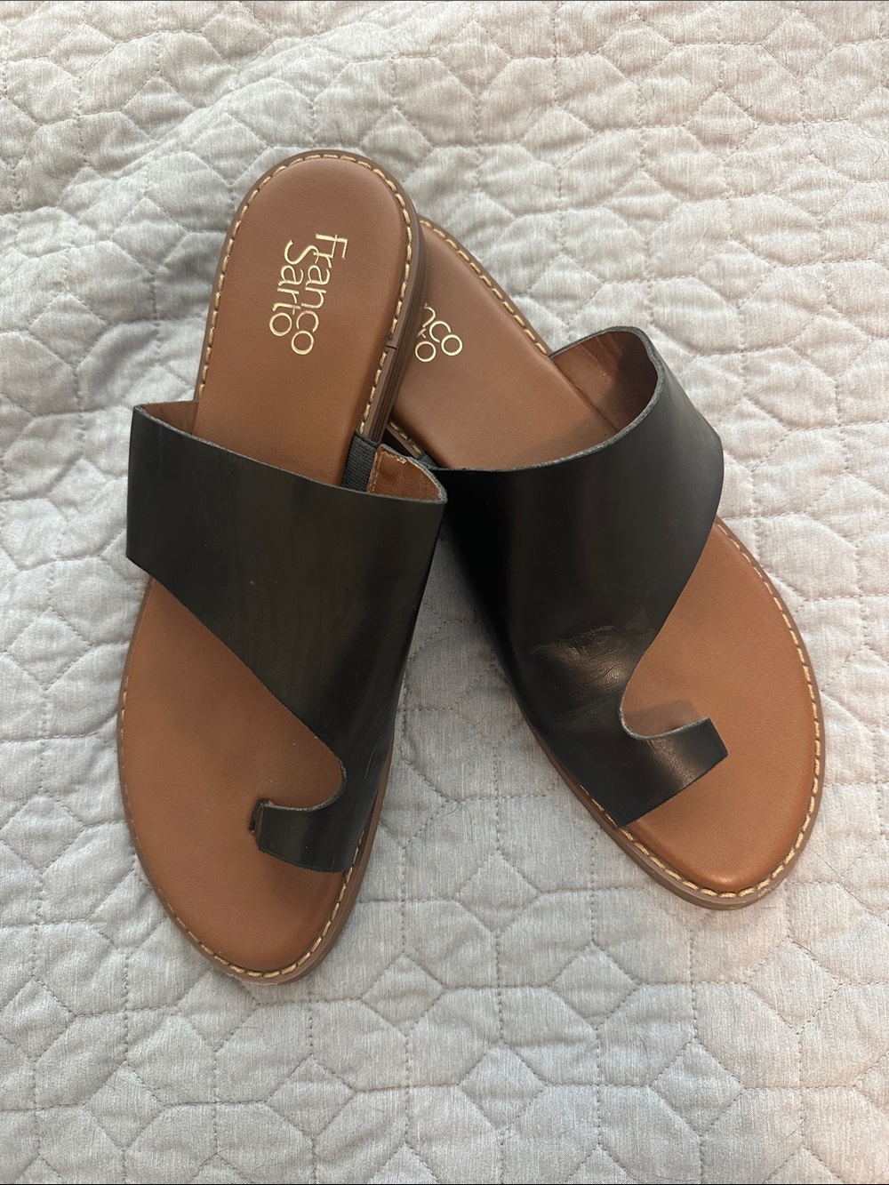 Franco Sarto Black and Brown Leather Toe-Loop Slide Sandals